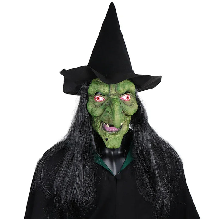 Halloween Horror Old Witch Mask with Hat Cosplay Scary Clown Hag Latex Masks Green Face Big Nose Old Women Costume Party Props