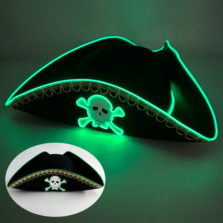 Adults Black Pirate Hats with Skull Pattern Halloween Cosplay Props Parties Caribbean Pirate Costume Hats LED Glowing Party Hat