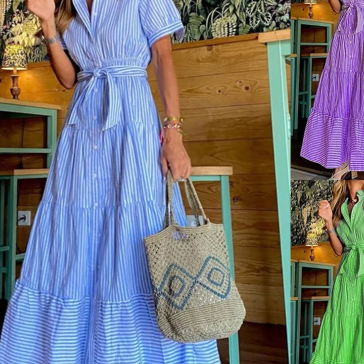 New Fashion Stripe Printed Short Sleeve Loose Waist Strap Long Collar Ankle Single Breasted Dress