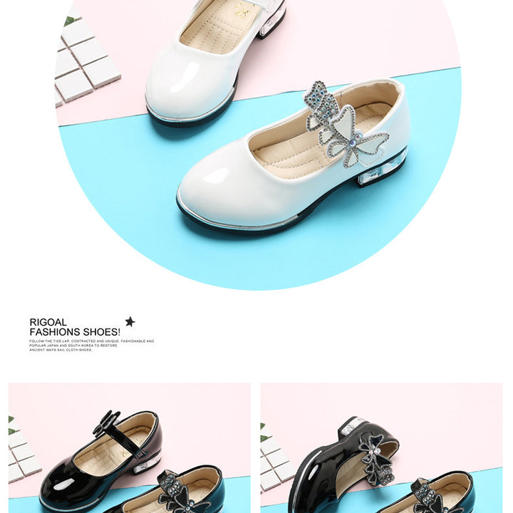 Girls Leather Shoes 2022 Spring Summer PU Patent Leather Kids Dress Shoes High Heels Butterfly-knot Dress Shoes for Wedding Chic