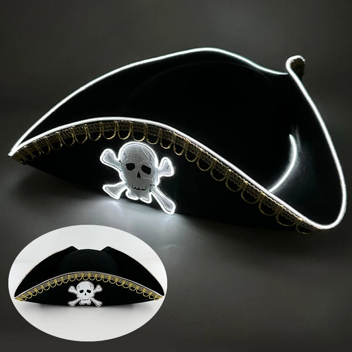 Adults Black Pirate Hats with Skull Pattern Halloween Cosplay Props Parties Caribbean Pirate Costume Hats LED Glowing Party Hat