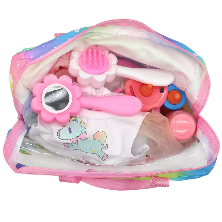 Newborn Doll Accessories Kit with Clear Display Rainbow Carrying Bag Transparent Display Window Fit 14inch Dolls Doll Travel Set