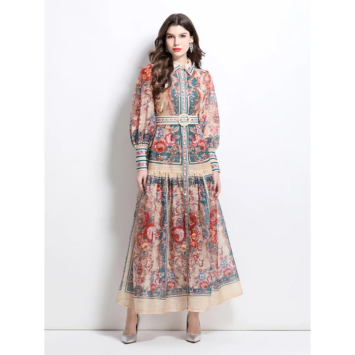New Retro Court Printed Lapel Lantern Sleeve Cinched Waist Single Breasted Long Sleeve Elegant Long Dress
