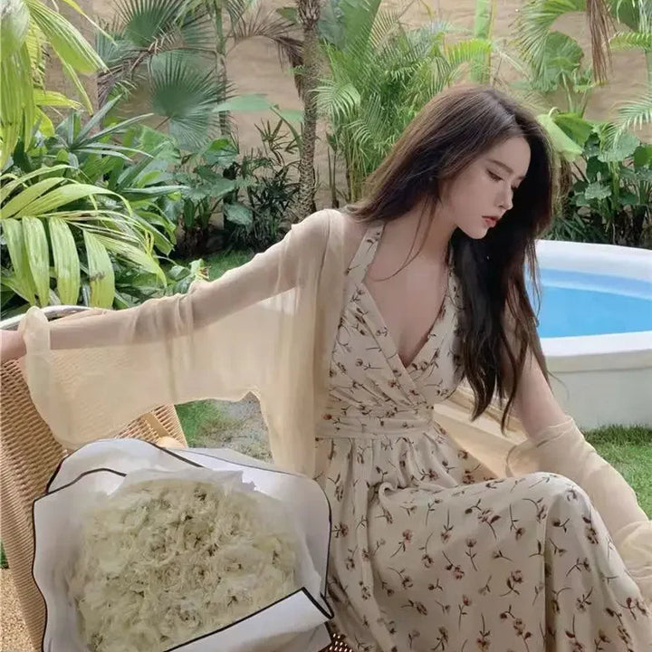 New Gentle Wind Fragmented Flower V-Neck Sling Dress Set Waist Wrap Neck Hanging Long Dress Thin Protection Cardigan