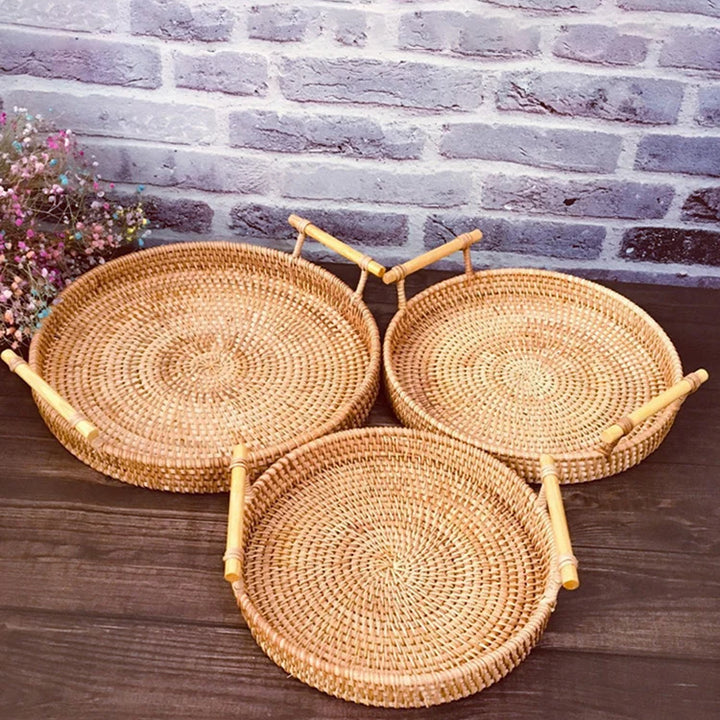 1PC Woven Rattan Storage Basket with Strap Handle round Tray for Bread Snacks Fruits Picnic - Home Organization Basket