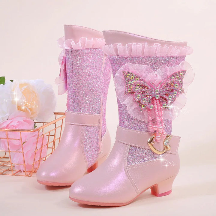 2025 Girls High Heel Boots Children's Sequins Rhindiamonds Butterfly-knot Princess Boots with Velvet Warm Mid-tube Kids Boots