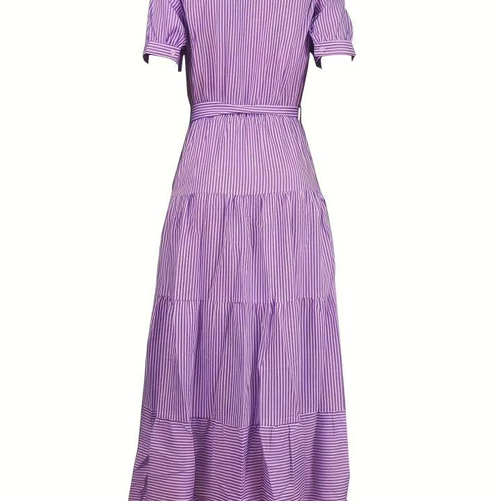 New Fashion Stripe Printed Short Sleeve Loose Waist Strap Long Collar Ankle Single Breasted Dress