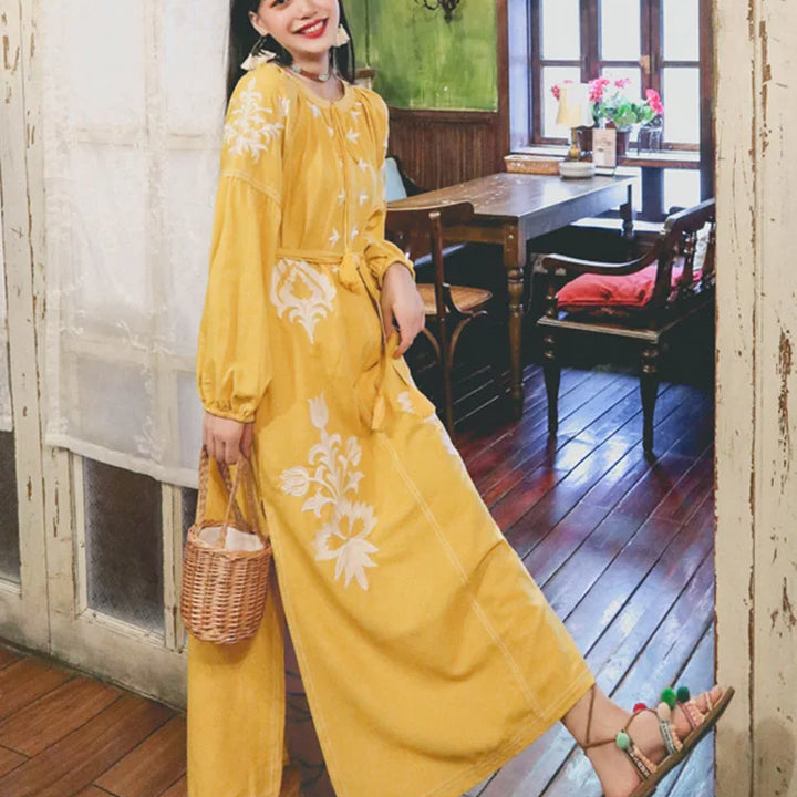 New Spring Autumn Embroidered Dress V-neck Tie Split Retro Indie Folk Style Holiday Beach Long Dress.
