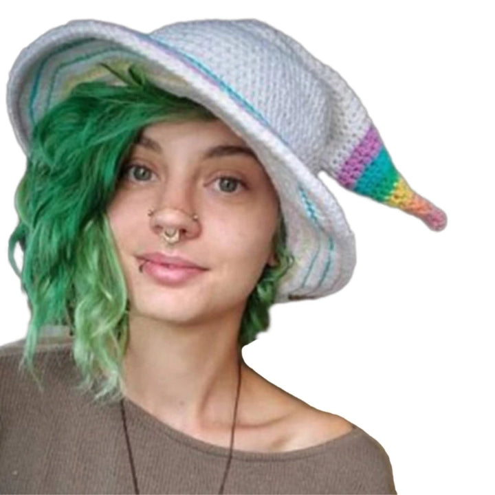 1PC Halloween Party Crocheted Witch Hats Party Wide Brim Pointed Hat Accessory Funny Cosplay Witch Hat with Stripes Photo Prop