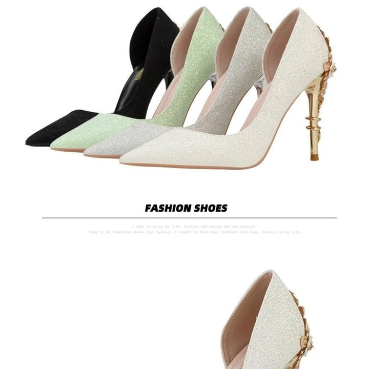 Light Luxury Sexy Women Dress Shoes 2025 Autumn Metal Flower Fashion High Heel Wedding White Pointed Sequins Shiny Female Pumps
