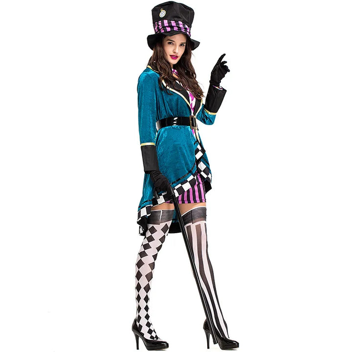 Halloween Alice In Wonderland Clock Mad Hatter Cosplay Costume Sexy Adult Women Magic Show Tuxedo Fancy Dress