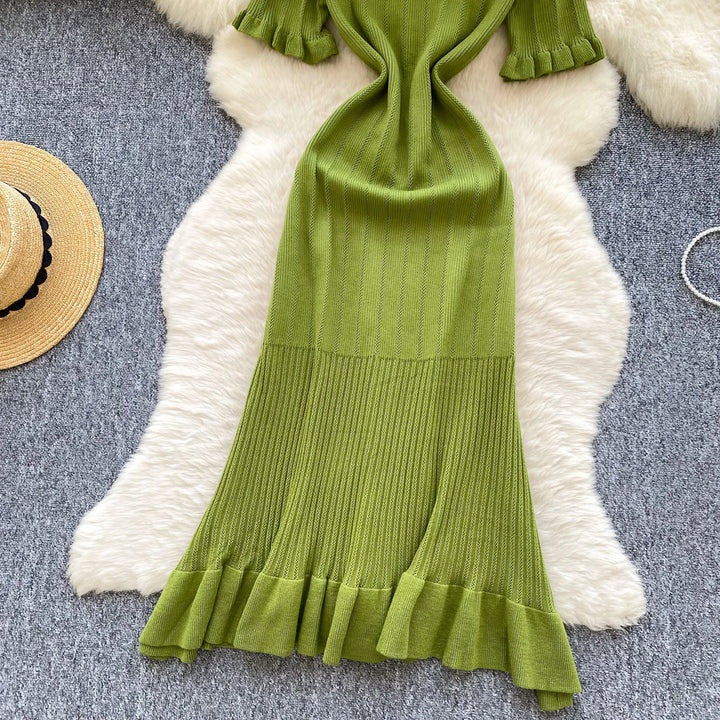 Vintage Single Breasted Women's Knitted Long Dress High Waist Short Sleeve Ruffles Straight Dress