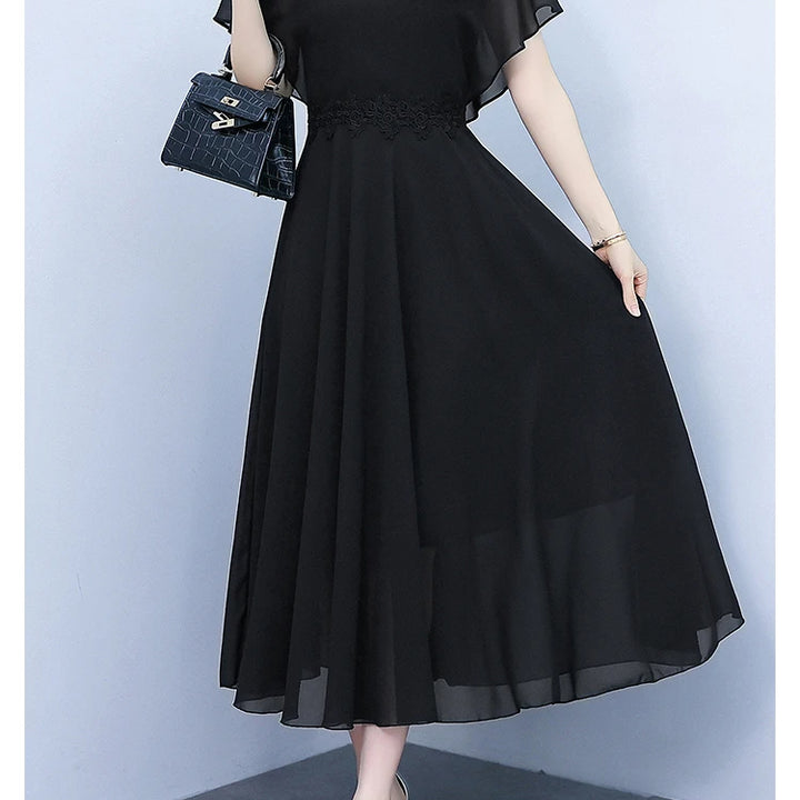 Long Elegant Dress White Chiffon /Black Butterfly Sleeve  Women Bodycon Chic Prom Night Dress