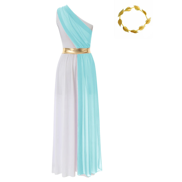 Women Halloween Ancient Greek Dress Ancient Greek Toga Costumes Robe One Shoulder Chiffon Overlay Tunic Dress with Headwear