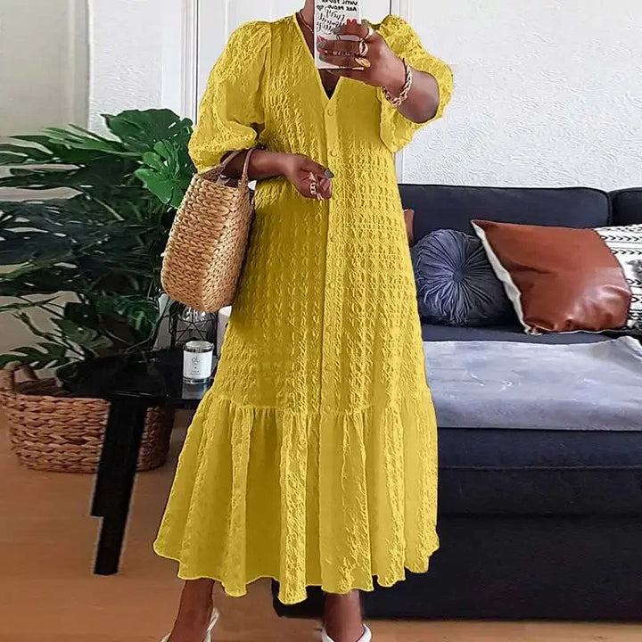 Fashion New Women's Pleated Dress V-neck Single Breasted Casual  Elegant Temperament Style Long Dress