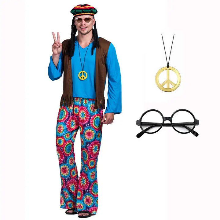 Men’s 60s & 70s Hippie Costume Set – Retro Pants, Shirt, Fringe Vest, Necklace, Glasses & Rasta Hat with Dreadlocks"✨ Step back in time with this complete 60s & 70s hippie outfit! Perfect for Halloween, retro parties, music festivals, and themed events.