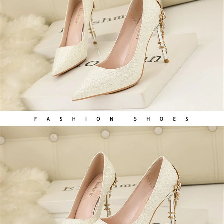 Light Luxury Sexy Women Dress Shoes 2025 Autumn Metal Flower Fashion High Heel Wedding White Pointed Sequins Shiny Female Pumps
