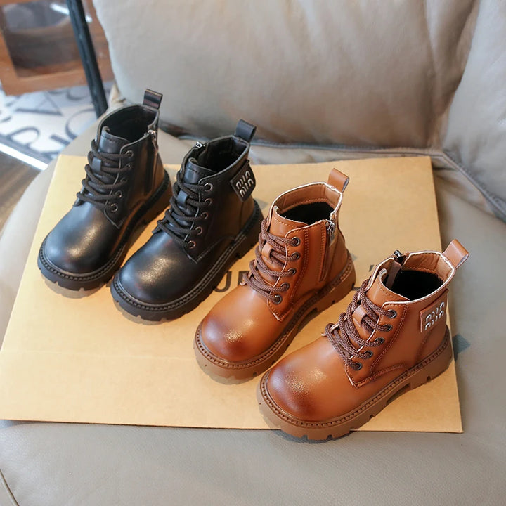 Children Platform Ankle Boots New Round-toe Black Boots for Girl Solid Color Causal Kids Fashion Short Leather Boots Side Zipper