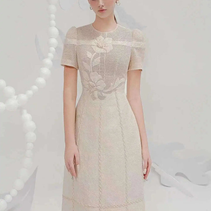 Elegant Long Dress Fairy Style Embroidered Flower Waist O Neck Short Sleeve Fashion Dress