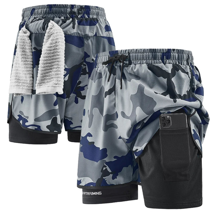 Men's running shorts  quick drying fitness camouflage double-layer shorts  men's new sports training and bodybuilding shorts