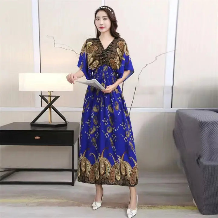 V-neck Large Skirt Hem Casual Sweet Long Dress Bat Sleeves Elastic Waist Bohemian Print Floral Elegant .