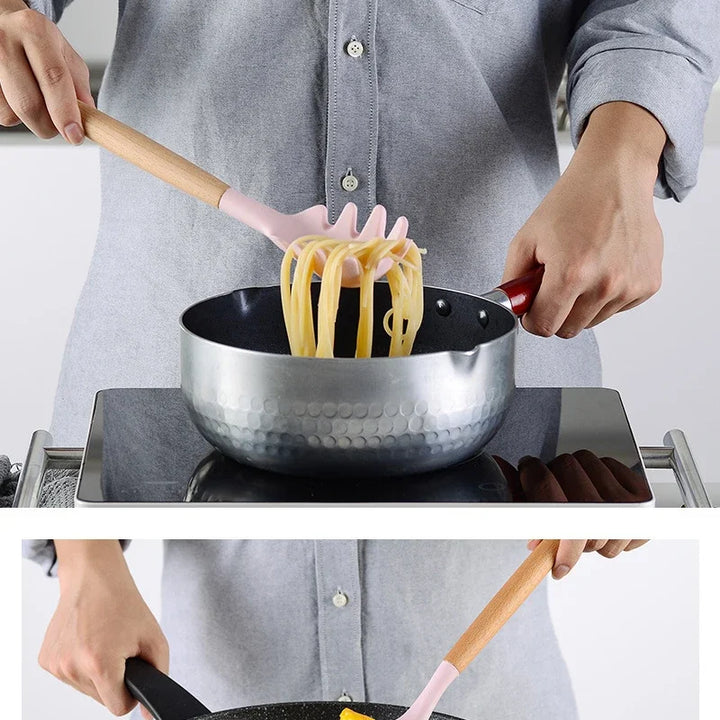 Pink Cooking Kitchenware Tool Silicone Utensils With Wooden Multifunction Handle Non-Stick Spatula Ladle Egg Beaters Shovel