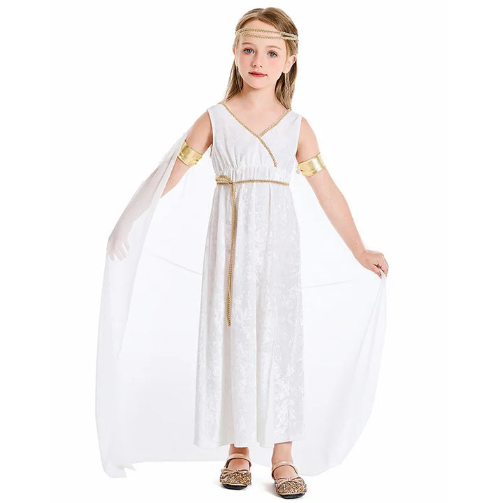 Divinely Elegant!
Flowing white dress with golden details makes this the perfect goddess look for Halloween, carnivals, or school plays. Comfortable, graceful, and magical.
🏛 Includes: Goddess dress + accessories
🎃 Occasions: Halloween, carnival, themed