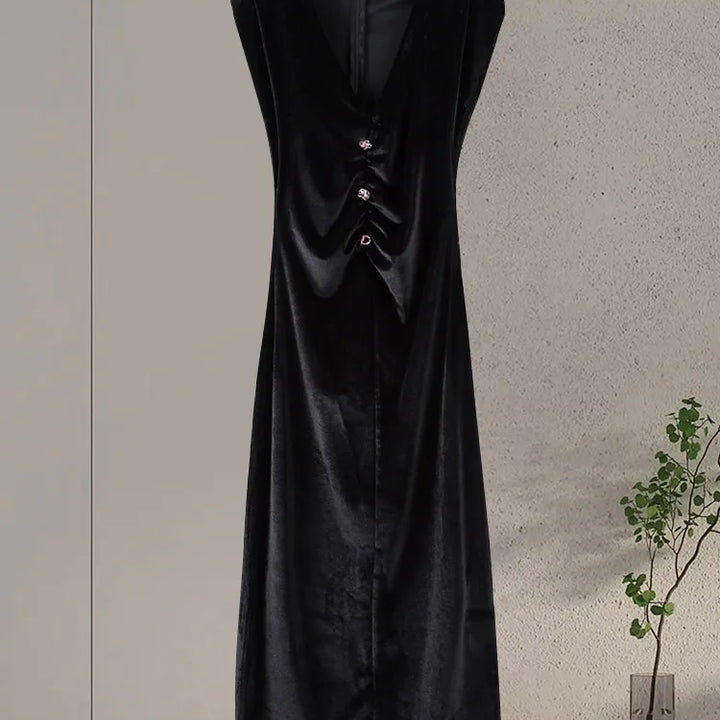 Elegant Velvet Long Dress Women V Neck Sleeveless High Waist Shoulder Pad Dress.