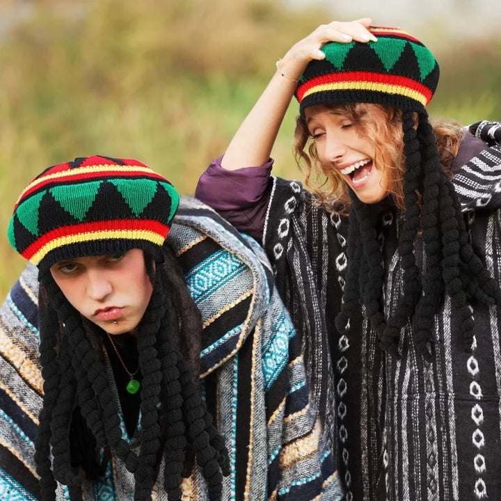 Handmade Crochet Knit False Braid Hat Jamaican Bob Rasta Beanie Cap Dreadlocks Wig Bob Marley Caribbean Fancy Dress Up Headwear