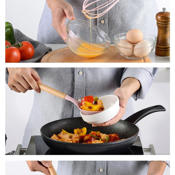 Pink Cooking Kitchenware Tool Silicone Utensils With Wooden Multifunction Handle Non-Stick Spatula Ladle Egg Beaters Shovel
