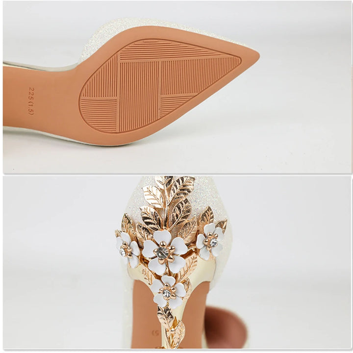 Light Luxury Sexy Women Dress Shoes 2025 Autumn Metal Flower Fashion High Heel Wedding White Pointed Sequins Shiny Female Pumps