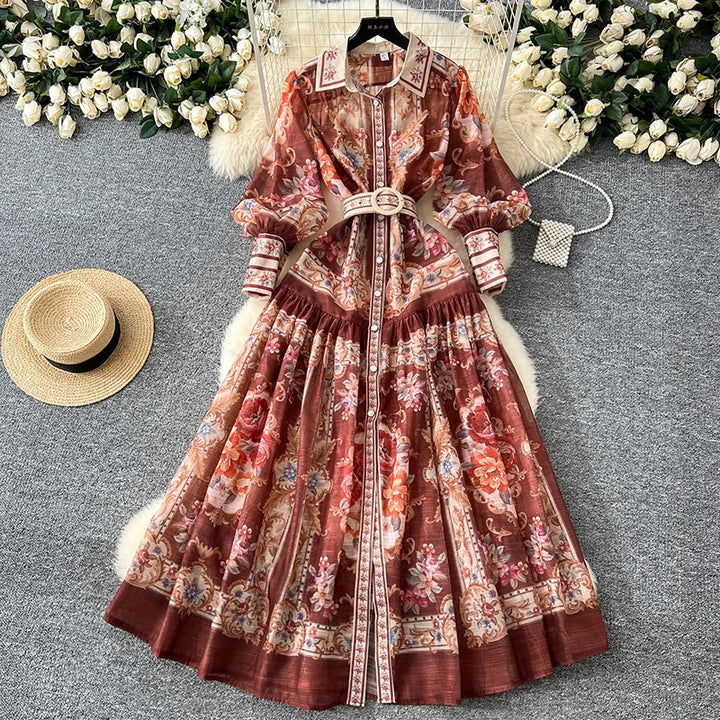 New Retro Court Printed Lapel Lantern Sleeve Cinched Waist Single Breasted Long Sleeve Elegant Long Dress