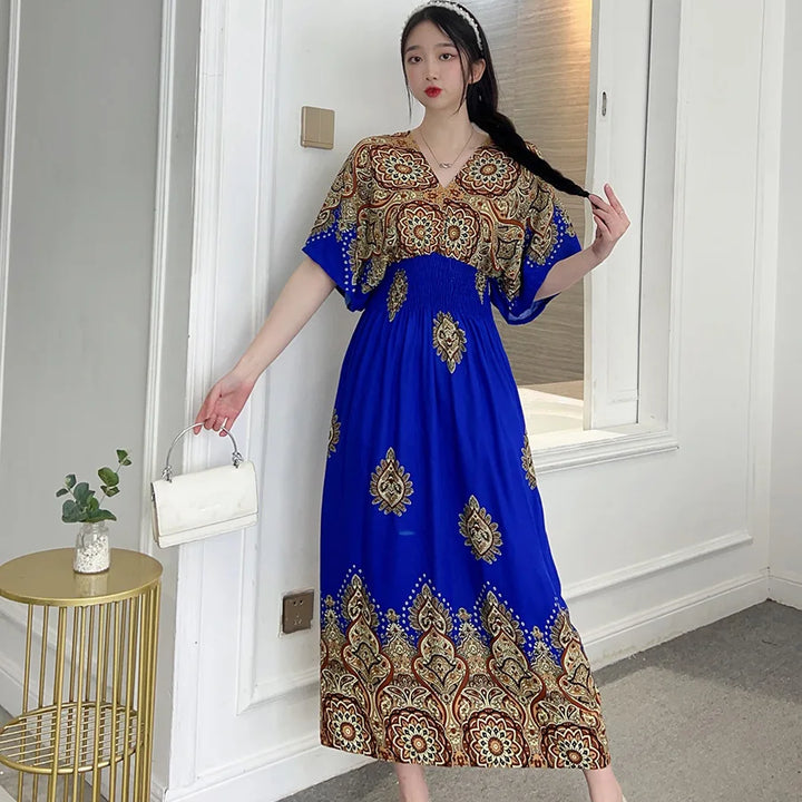 V-neck Large Skirt Hem Casual Sweet Long Dress Bat Sleeves Elastic Waist Bohemian Print Floral Elegant .