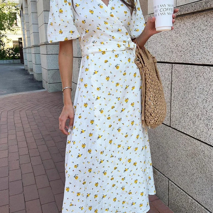 Bornladie Women Printed Lace Up D Short Sleeve Fashion Office Lady Long Dress 100% Cotton Daily Casual V-neck