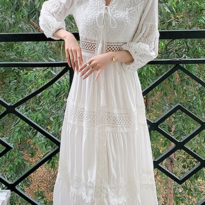 White Long Dress Boho Hollow Out Dress Ladies Elegant Vintage Loose Vestidos