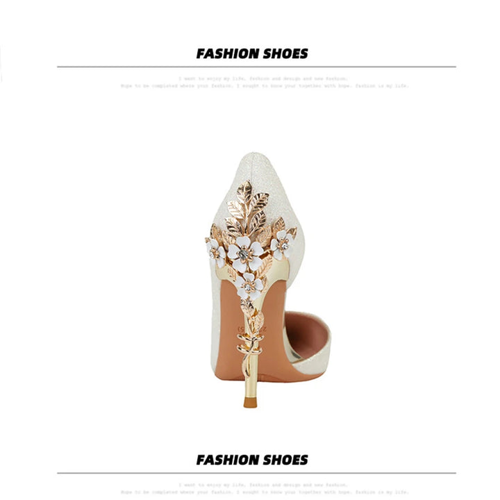 Light Luxury Sexy Women Dress Shoes 2025 Autumn Metal Flower Fashion High Heel Wedding White Pointed Sequins Shiny Female Pumps