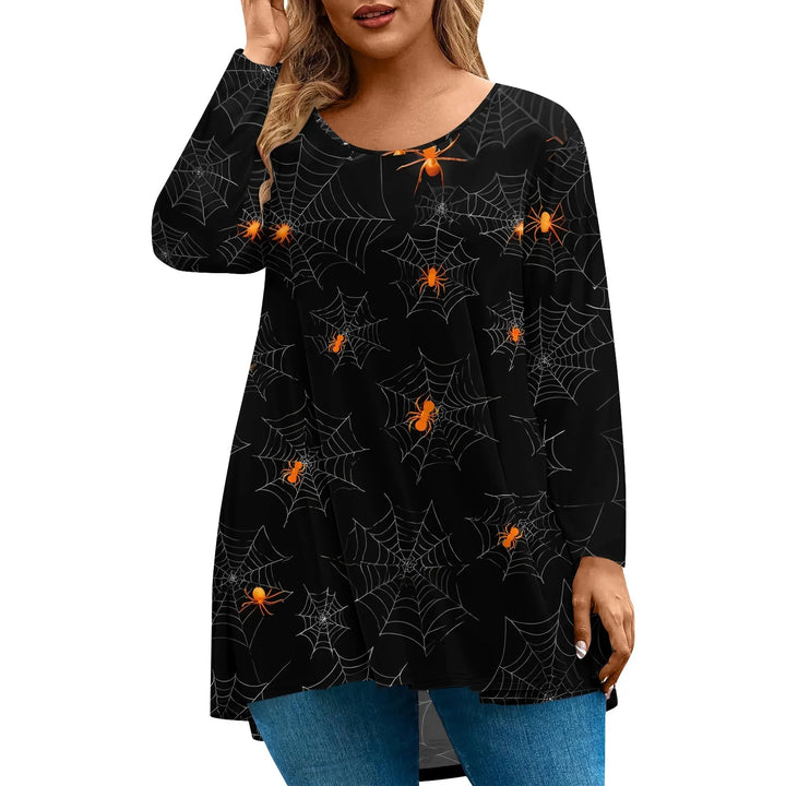 Plus Size Halloween Print T-Shirt for Women Fashion Round Neck Long Sleeve Casual Loose Pullover Top Halloween Party Costumes