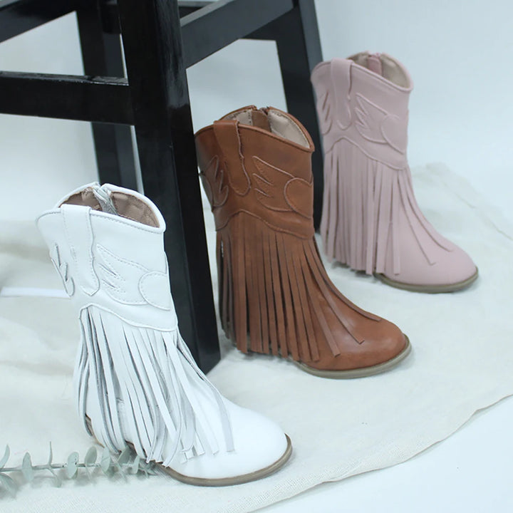 Kids Vintage Western Cowgirls Boots Leather Tassel Princess Low Heeled Knee Boots Cowboys Winter Dress Shoes New Years Christmas