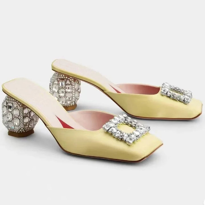 New Rhinestone Pumps Women Square Toe Slip-on Mules Female Crystal High Heels Women Dress Shoes Women sandalias de las mujeres