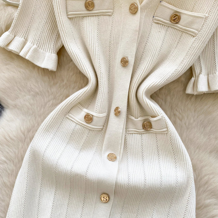 Vintage Single Breasted Women's Knitted Long Dress High Waist Short Sleeve Ruffles Straight Dress