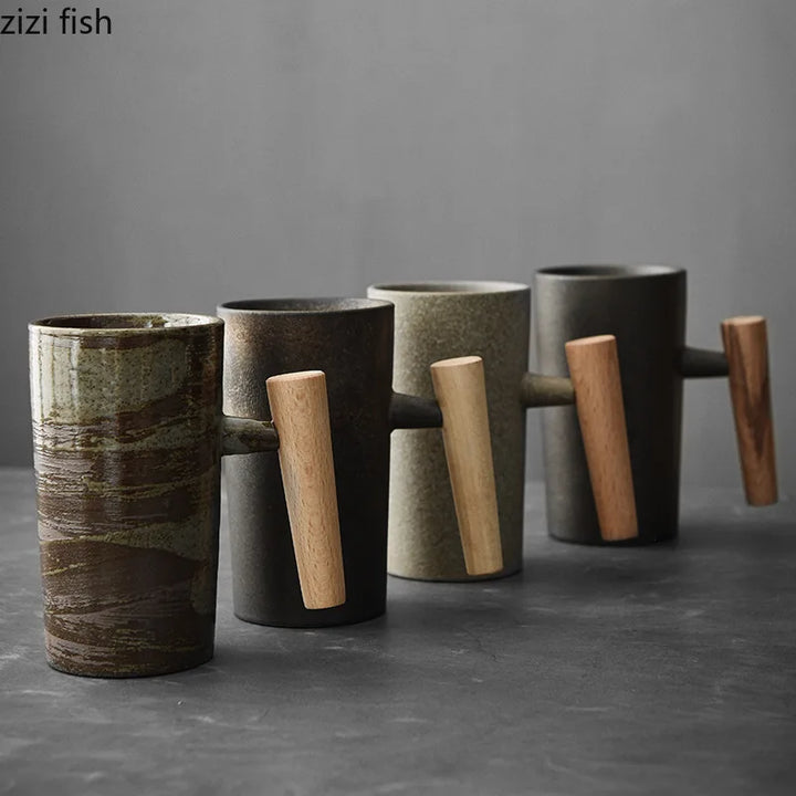 Ceramic Mug with Wooden Handle Coffee Cup Oatmeal Breakfast Cups Couple Water Cups Milk Mug Milk Tea Cup Juice Glasses Tea Mugs