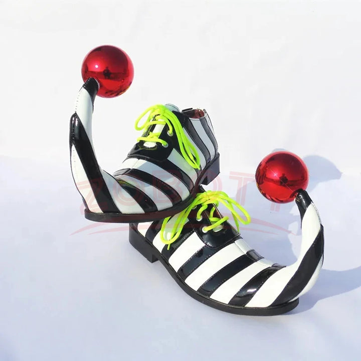Adults Halloween Clown Cosplay Shoes Funny Circus Club Clown Performance Stripe Clown Shoes With Red Ball Carnival Cosplay Shoes