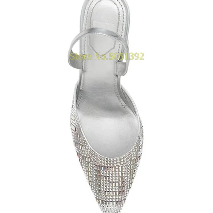 Silver Crystal Back Strap Pumps Strange Style Sexy Pointed Toe Shallow Slip On Fashion 2024 Summer Spring Women Dress Shoes