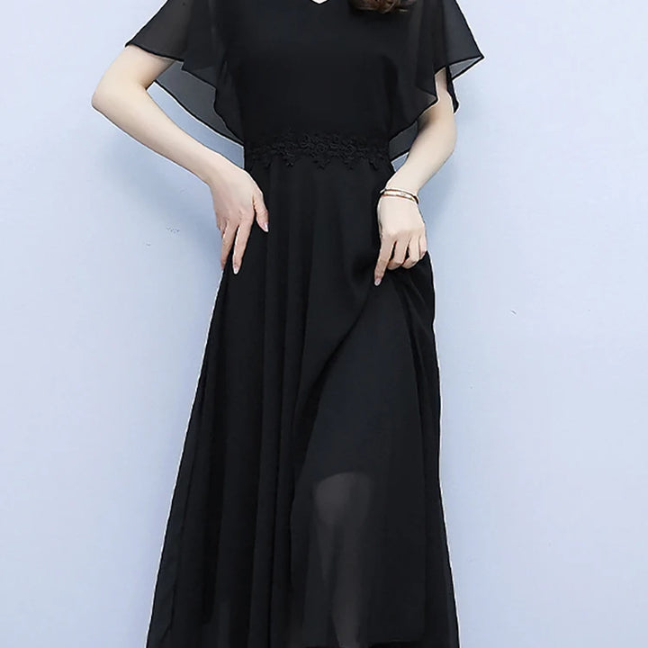 Long Elegant Dress White Chiffon /Black Butterfly Sleeve  Women Bodycon Chic Prom Night Dress
