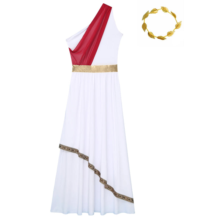 Women Halloween Ancient Greek Dress Ancient Greek Toga Costumes Robe One Shoulder Chiffon Overlay Tunic Dress with Headwear