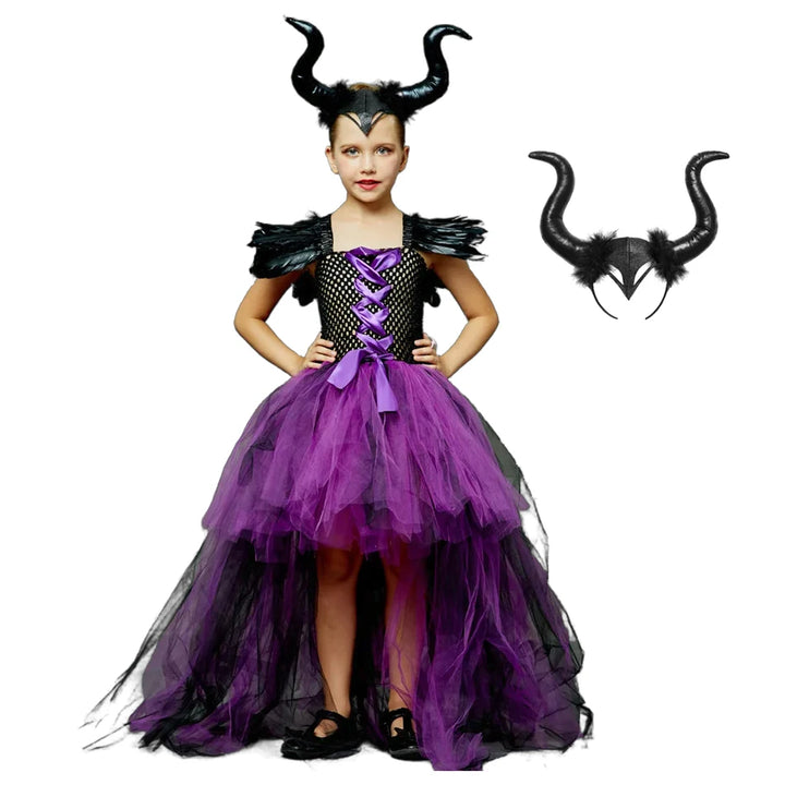 Halloween Children Costume Tulle Dress Girls Cosplay Vestidos Party Evil Queen Mesh Princess Dress Kids Crow Wand