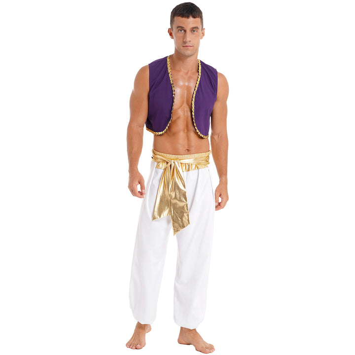 Mens Halloween Costume Mythical Arabian Prince Carnival Cosplay Party Outfit Sequin Trim Waistcoat with Belted Pants
