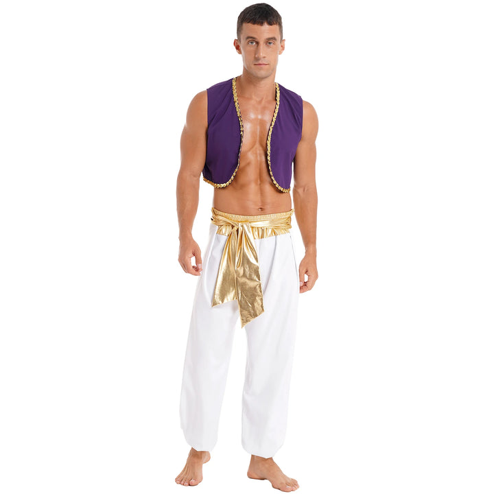 Mens Halloween Costume Mythical Arabian Prince Carnival Cosplay Party Outfit Sequin Trim Waistcoat with Belted Pants