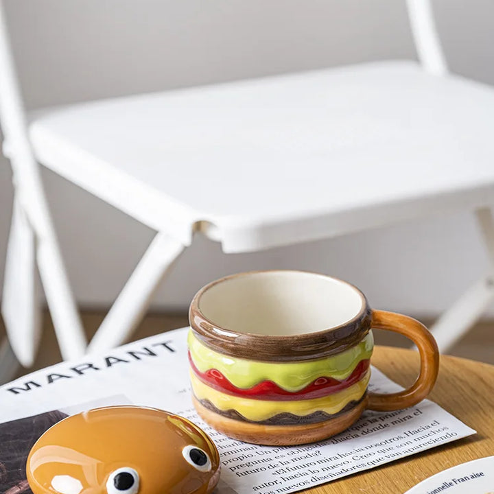 300ML Coffee Mugs Creative Hamburger Shaped Water Cup with Lid Cute and Cute Breakfast Cup Large Capacity Ceramic Hamburger Mug