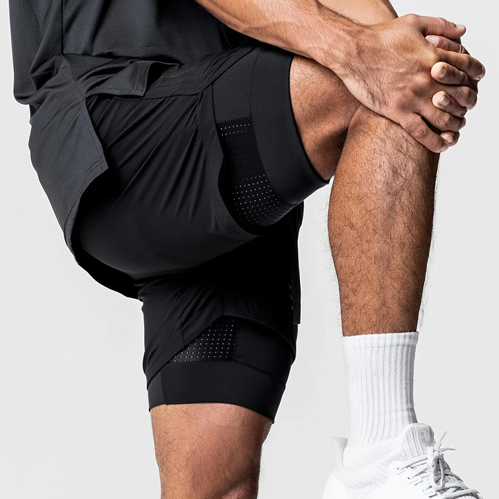 Sports shorts for men, double layered, quarter quick drying, elastic basketball, running training equipment, deep squat fitness,
